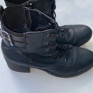 Black Lace Up Ankle Boots with‎ Buckle Detail, Military Combat Style